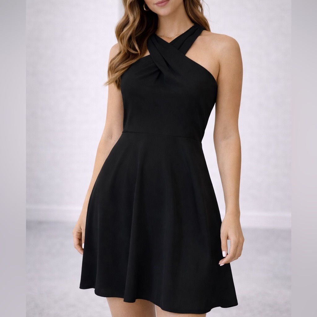 Express Black One-Shoulder Cross Halter A-Line Dress